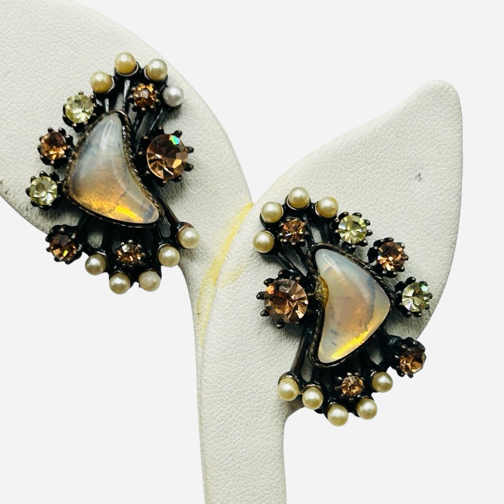 Vintage Florenza Opalescent Glass Faux Pearl and Rhinestone Earrings